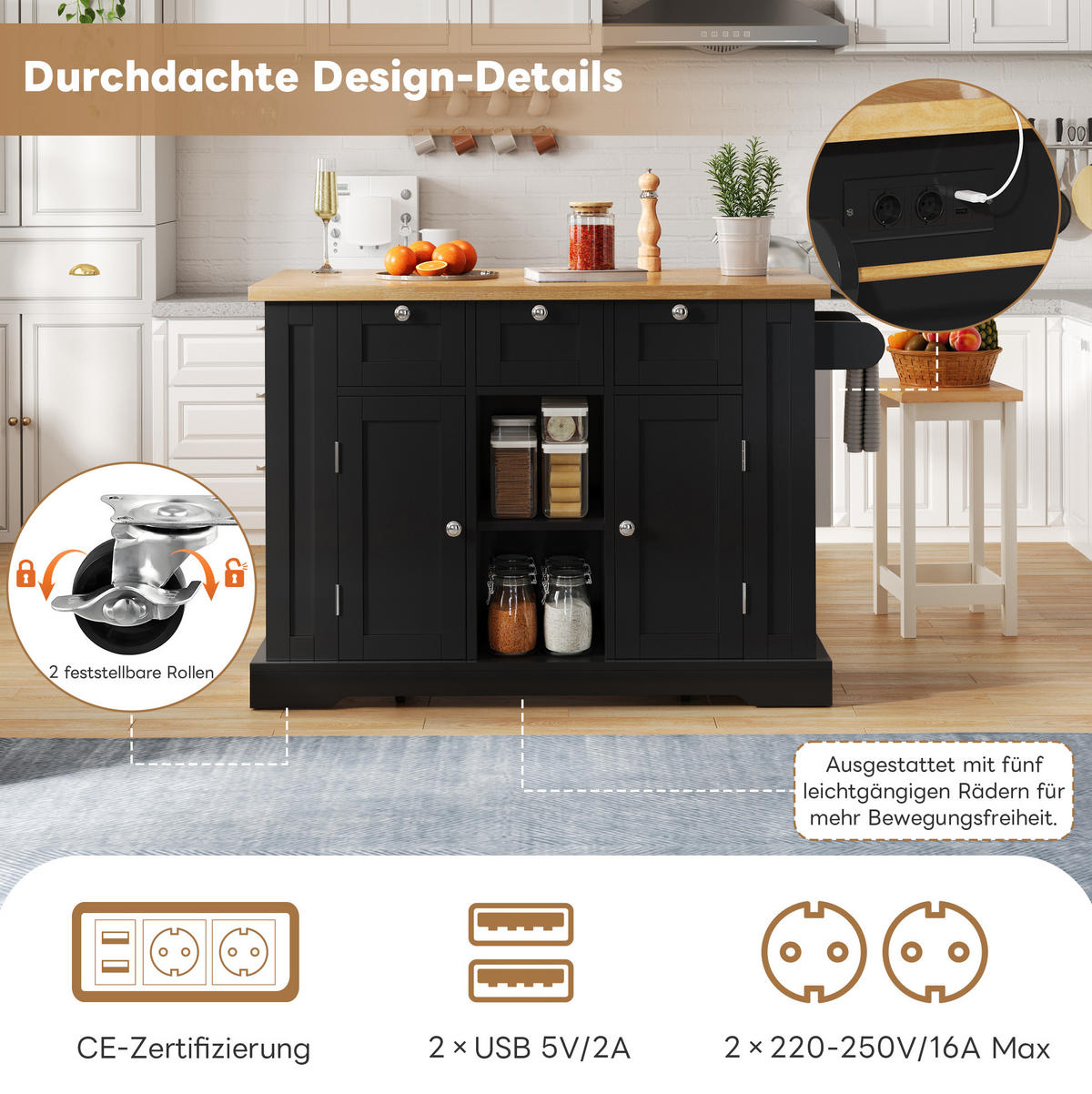 KÜCHENINSEL 132/40(70)/87 cm aus MDF mit klappbarer Arbeitsplatte Natur/Schwarz - Schwarz, Holzwerkstoff (132/87/70cm) - Modenvie