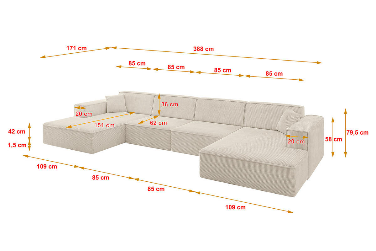 WOHNLANDSCHAFT IREA-U2-v4 - 388x171x79 cm Beige - Beige, Holzwerkstoff/Textil (388/79/171cm) - ALTDECOR