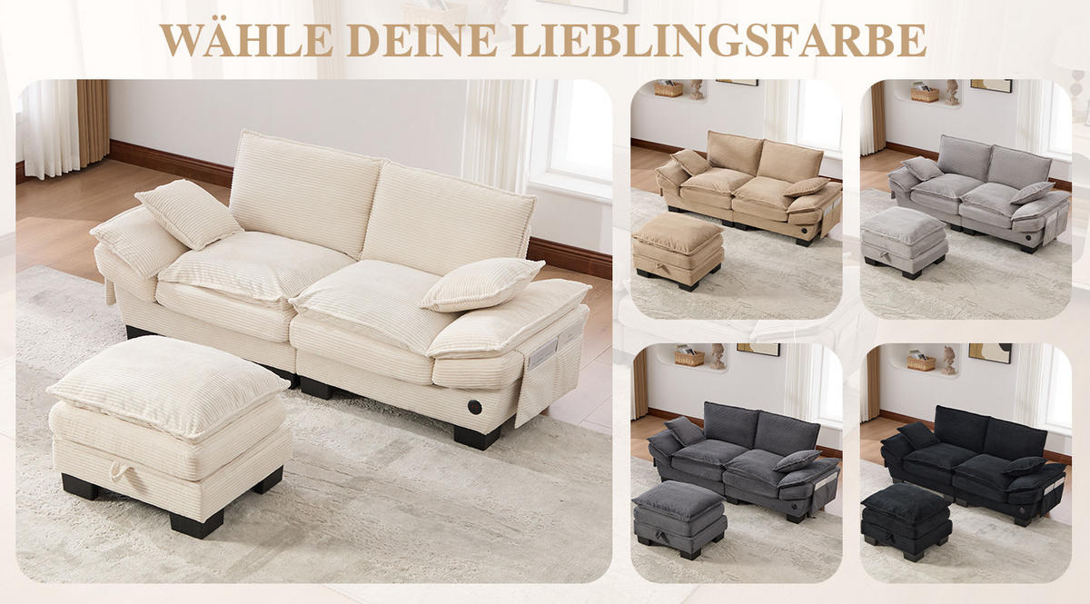 2-SITZER Sofa aus Corduroy 190x132x84 cm in Beige mit Hocker & USB-C - Beige, Textil (132/84/190cm) - Modfu