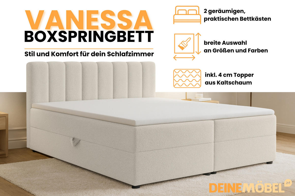 BOXBETT VANESSA 200/200 in Boucle Ecru H4 - Ecru, Holz/Holzwerkstoff (200/200cm) - Deine Möbel 24