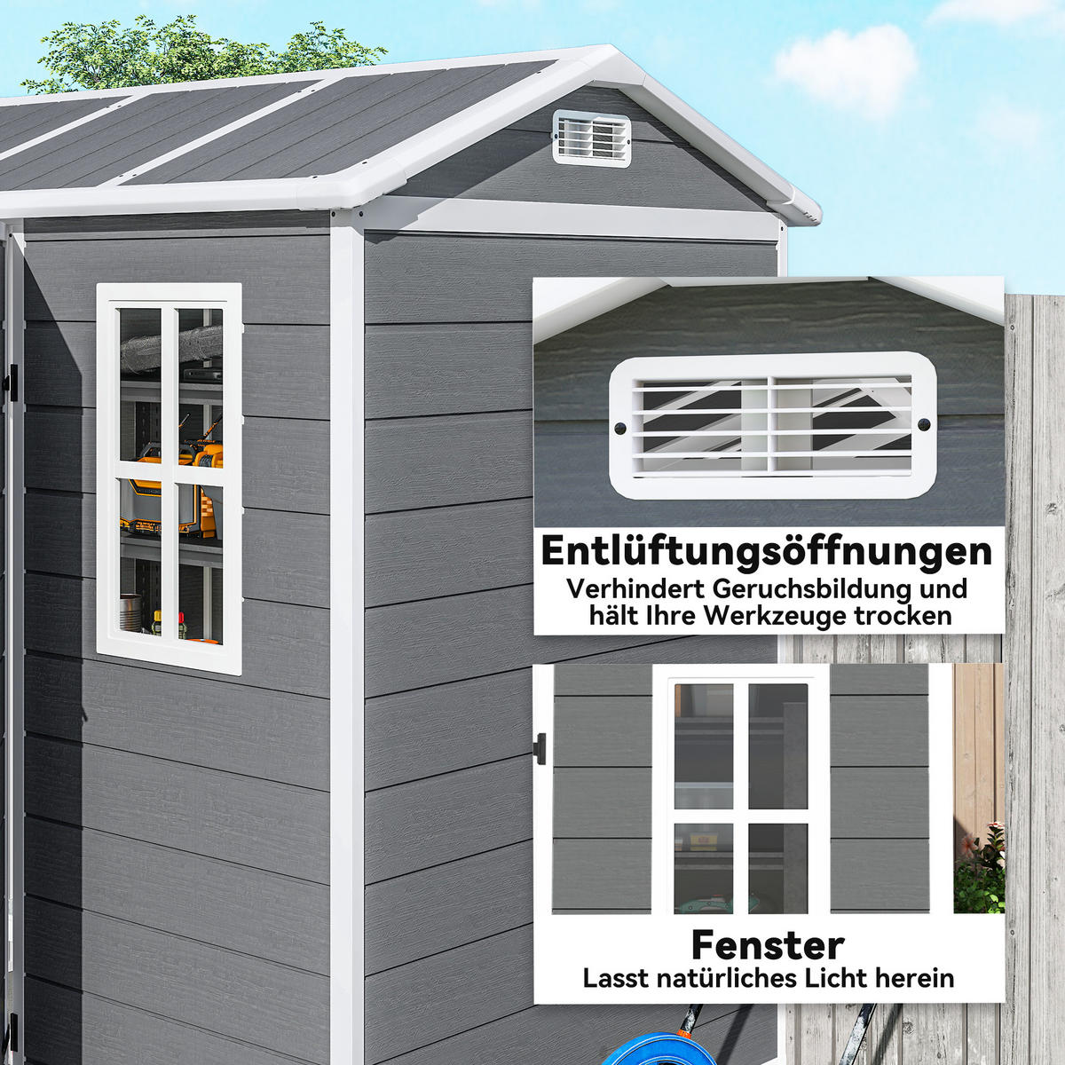 GERÄTEHAUS Kunststoff 2,1m² 186 x 130 x 199cm Geräteschuppen mit Satteldach - Grau, Kunststoff (130/199/186cm) - Outsunny