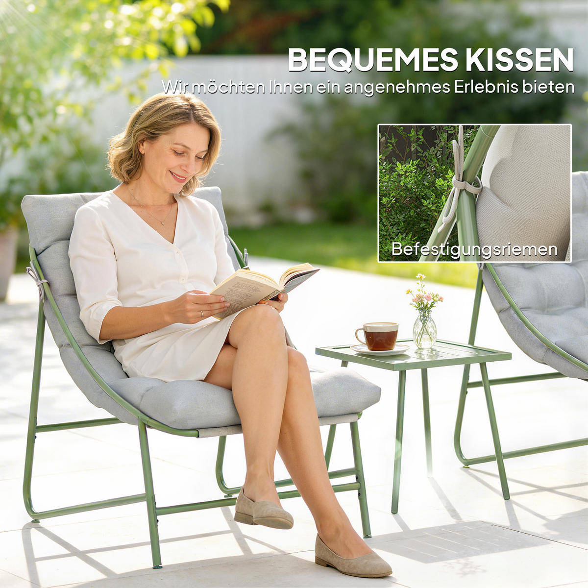 BALKONMÖBEL-SET 3er Set Stahl Netzstoff Hellgrau - Hellgrau/Grün, Textil/Metall - Outsunny