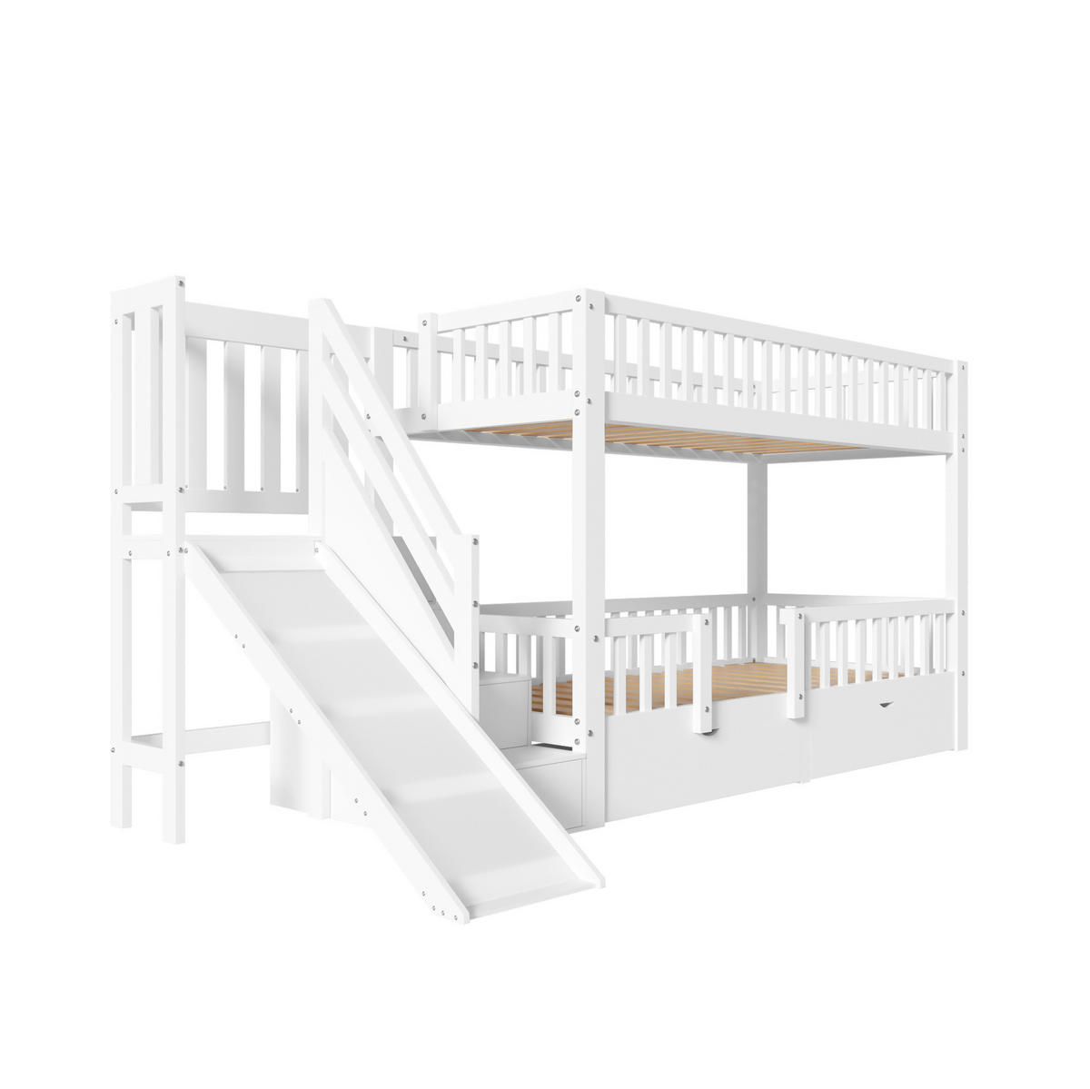 ETAGENBETT aus Massivholz 90x200 cm in Weiß mit Rutsche & Treppe - Weiß, Holz (90/200cm) - Modfu