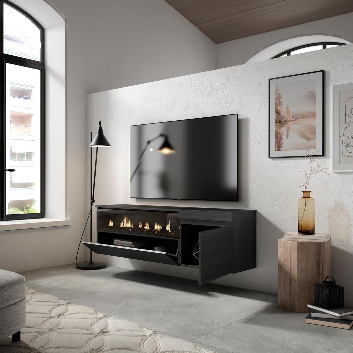 TV-SCHRANK schwarz, mit Elektrokamin, Hängend, 150/35/45cm - Anthrazit/Schwarz, Holzwerkstoff (150/45/35cm) - Skraut Home
