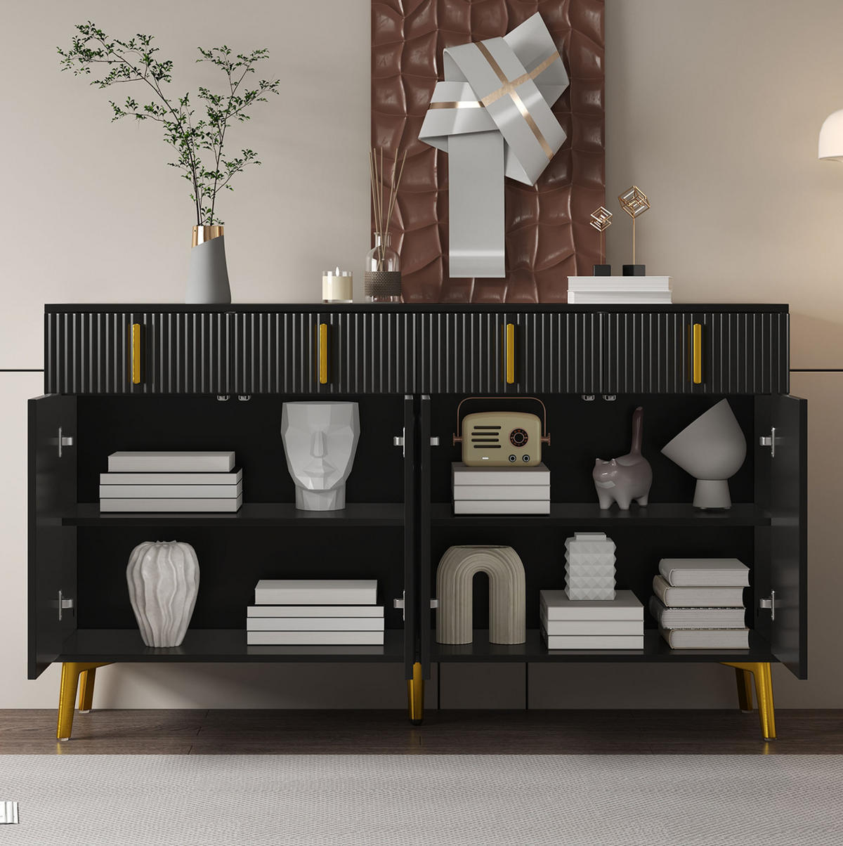 SIDEBOARD mit 4 Türen und 4 Schubladen, (MDF/Melamin), goldfarbenen Griffen und Beinen, 140/38/82 cm, Schwarz - Schwarz, Holzwerkstoff (140/82/38cm) - Redom