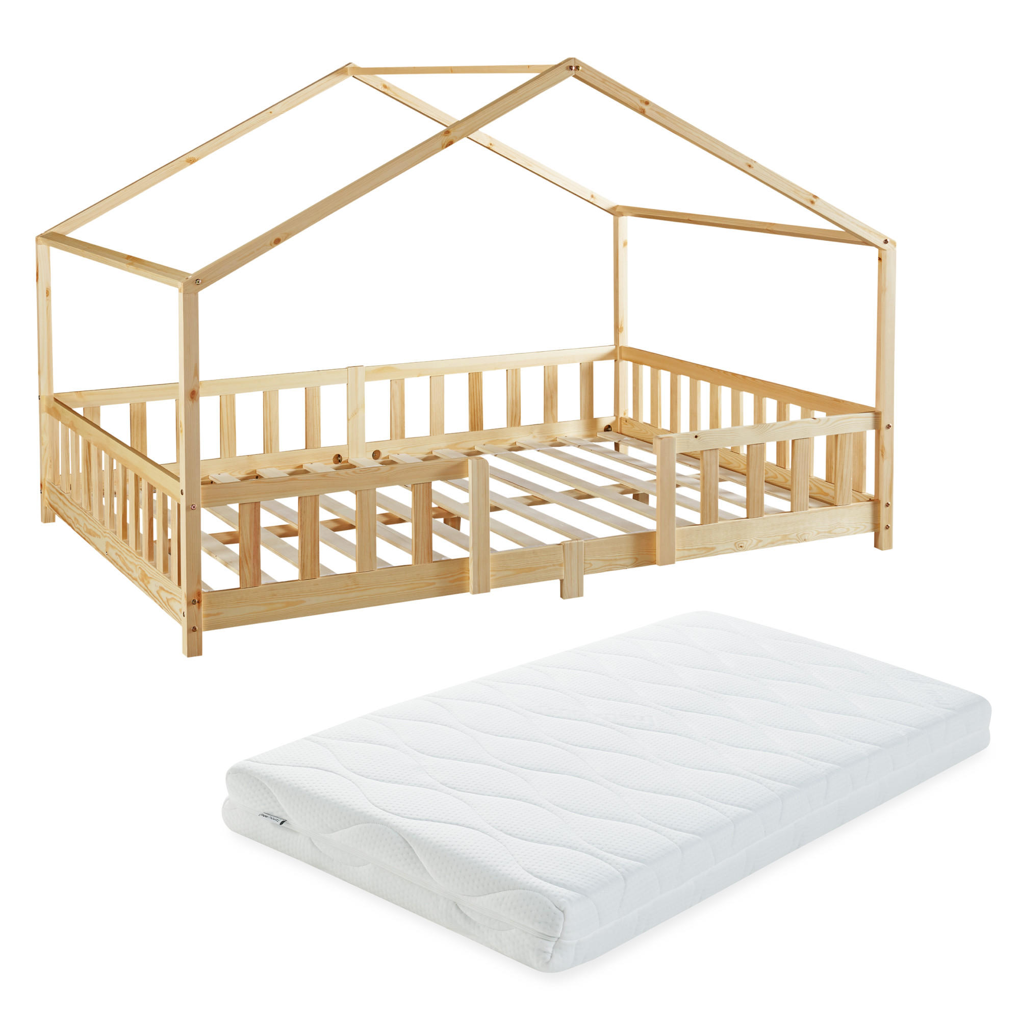 HAUSBETT Treviolo mit Matratze - Naturfarben, Holz/Textil (120/200cm) - [en.casa]