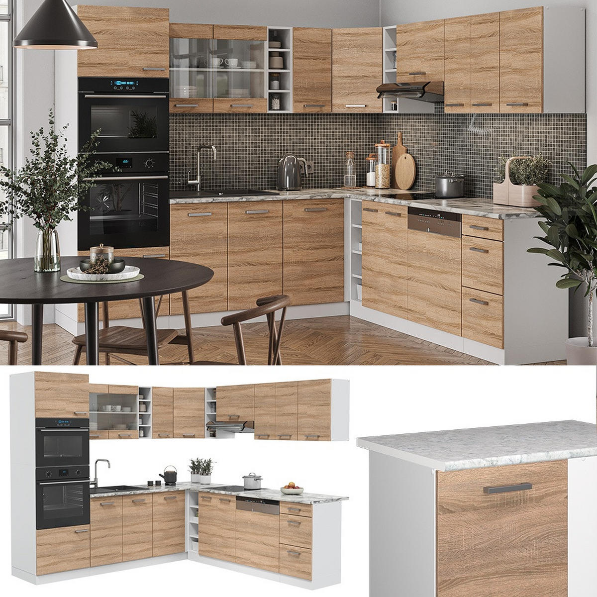 HÖRNKÖK R-Line, Sonoma/Vit, 247 x 237 cm utan bänkskiva - Vit/Sonoma ek, Träbaserade material (247/206.8/46cm) - Vicco