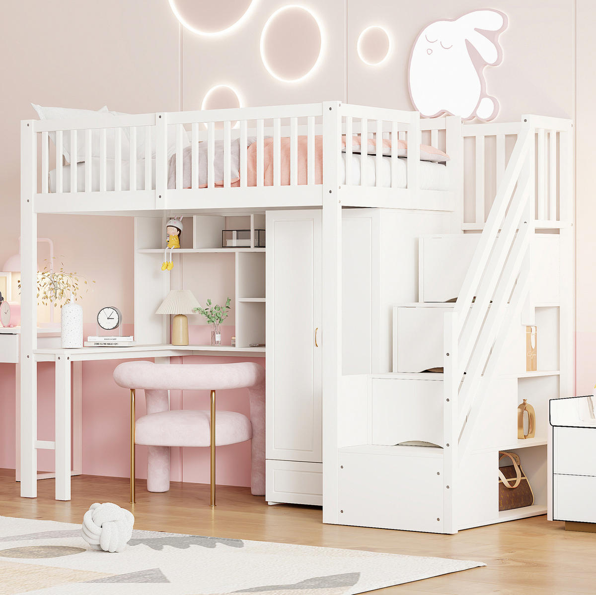 HOCHBETT 90/200 cm mit Kleiderschrank, Tisch, Regal und Treppe mit Schubladen aus Holzwerkstoff, Weiß - Weiß, Holzwerkstoff (90/200cm) - Redom