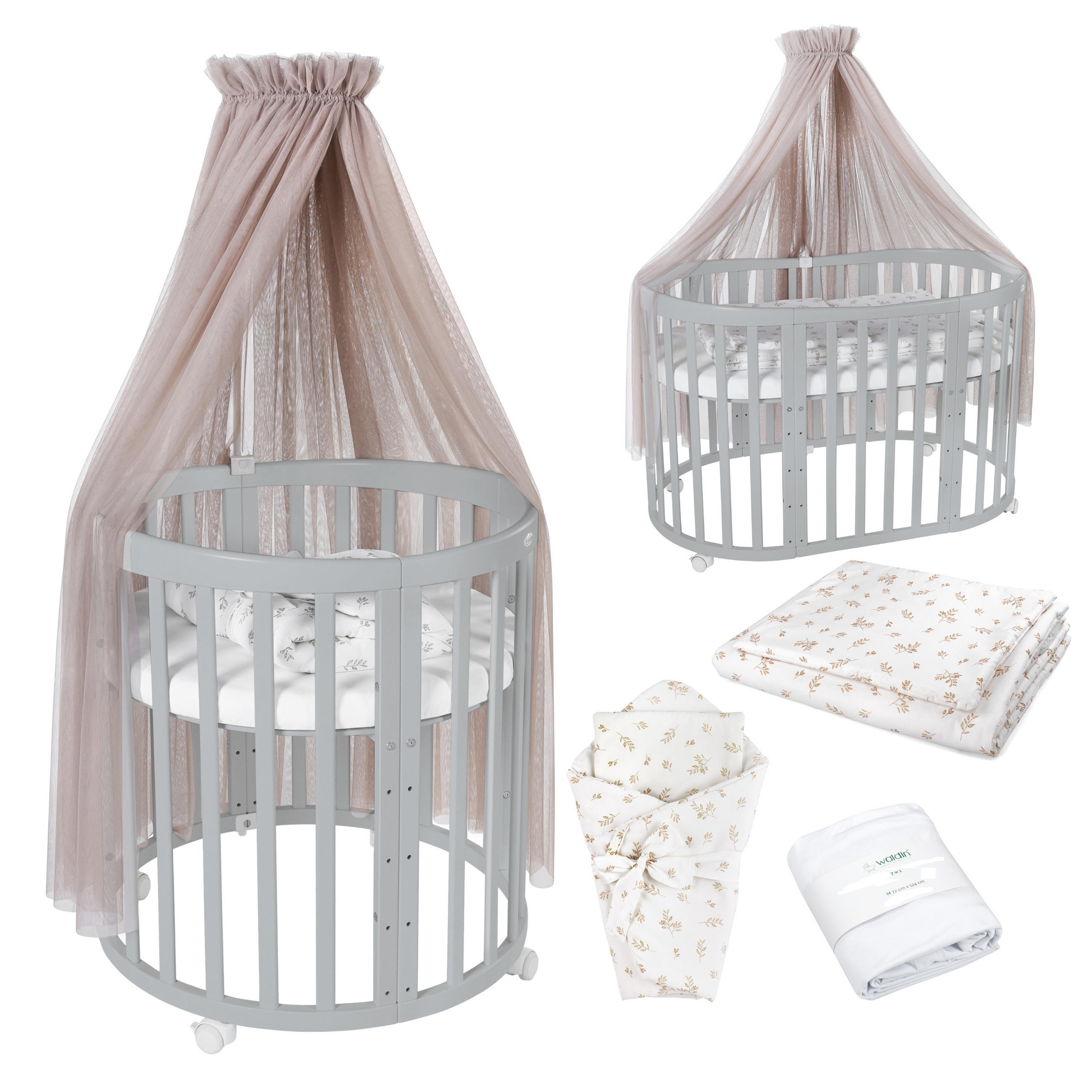BABYBETT GREY OVAL 7in1 mit Matratze und Himmelset - Taupe/Grau, Holz/Textil