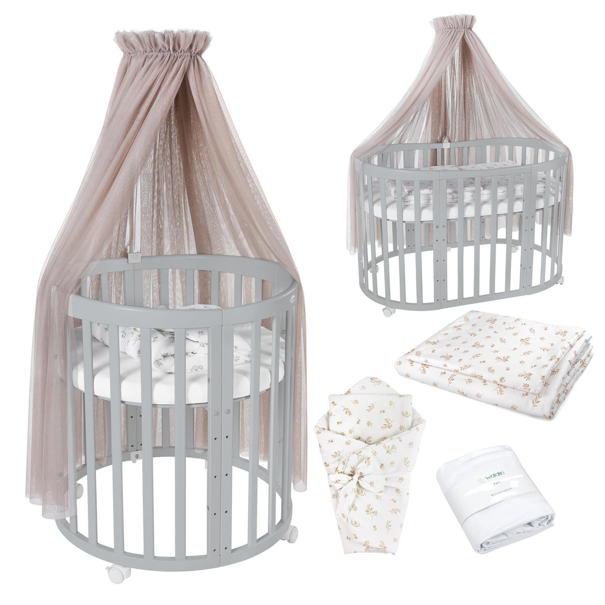 BABYBETT GREY OVAL 7in1 mit Matratze und Himmelset - Taupe/Grau, Holz/Textil