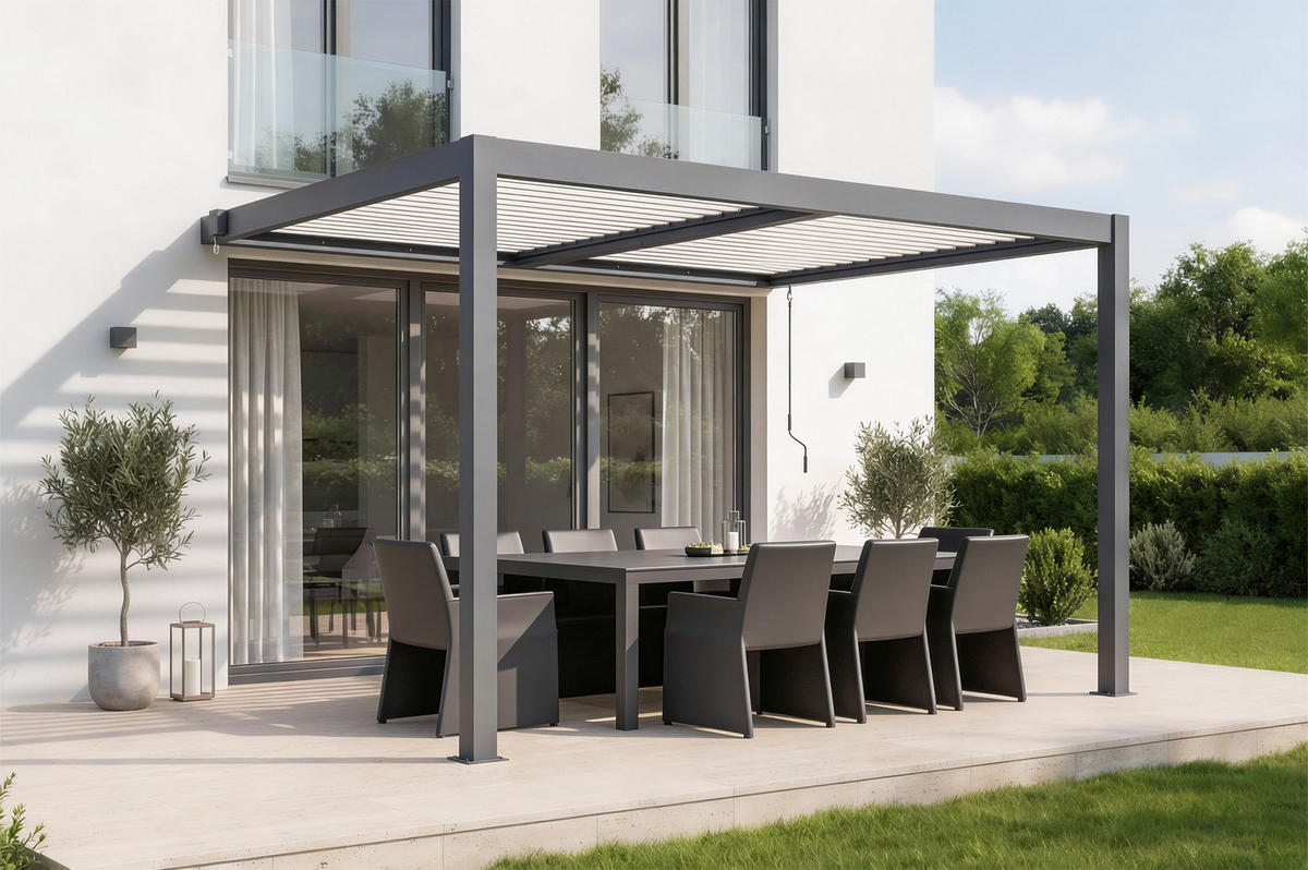 BIOKLIMA-PERGOLA Agosta 4x3m 250 cm hoch an der Wand befestigt Graues Aluminium mit wei - Grau, Metall (394/248/300cm) - Cazeboo