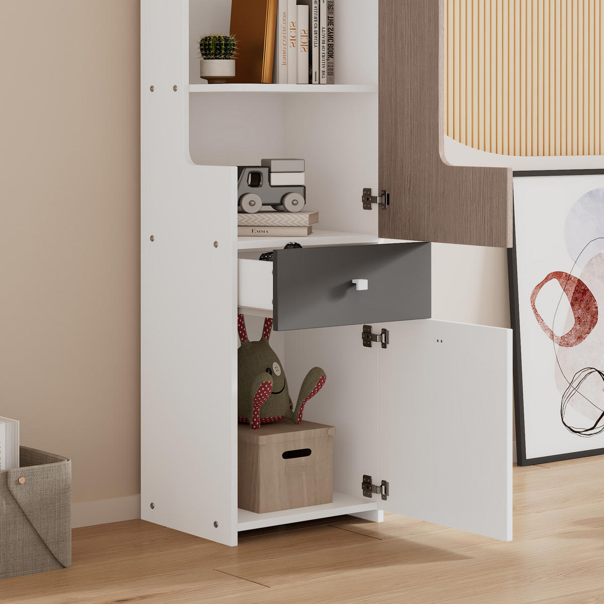 BÜCHERREGAL in Weiß und Grau mit L-förmiger Tür, Schublade und Metallknöpfen, B40/T45/H184cm - Weiß/Grau, Holzwerkstoff/Metall (45/184/40cm) - STILVORA