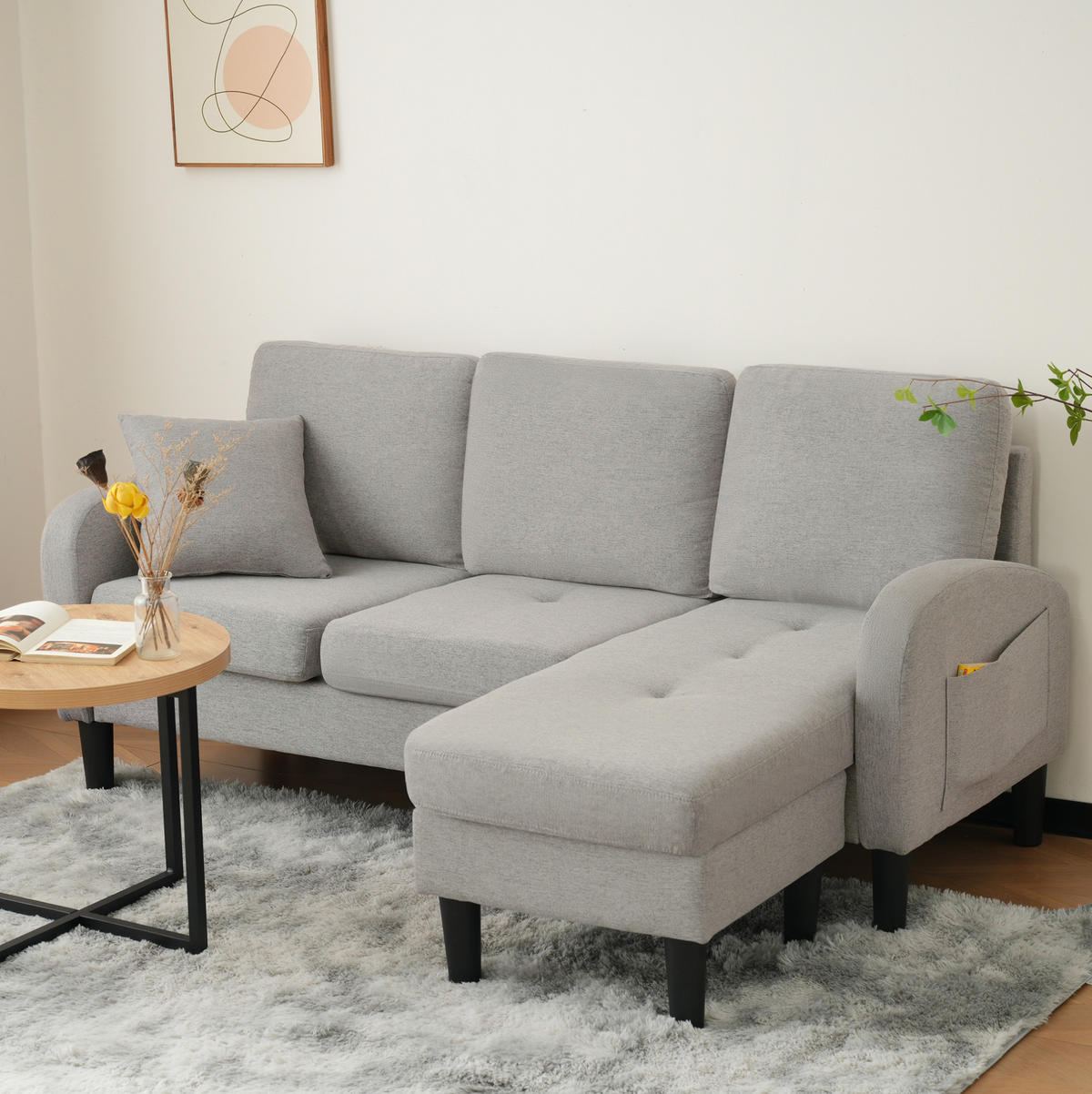 ECKSOFA Baumwoll-Leinen Bezug modular mit Chaiselongue Grau 166/118/77 cm - Grau, Textil (166/118cm) - Redom