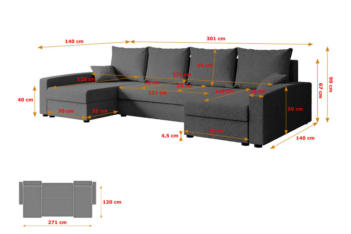 WOHNLANDSCHAFT mit Schlaffunktion und Bettkasten ALESIA-U 301x140x90 cm Grau Bouclé - Silberfarben/Grau, Holzwerkstoff/Kunststoff (301/90/140cm) - ALTDECOR