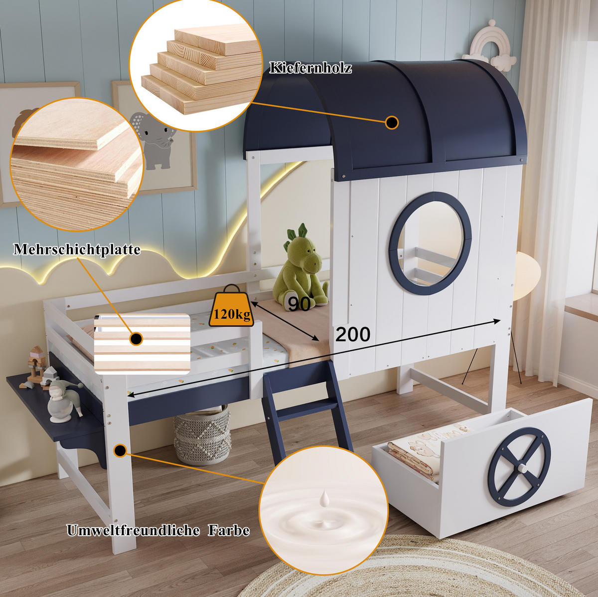 HAUSBETT 90/200 cm in Weiß/Dunkelblau mit Schublade und Dach - Weiß, Holzwerkstoff (90/200cm) - Flora Grace