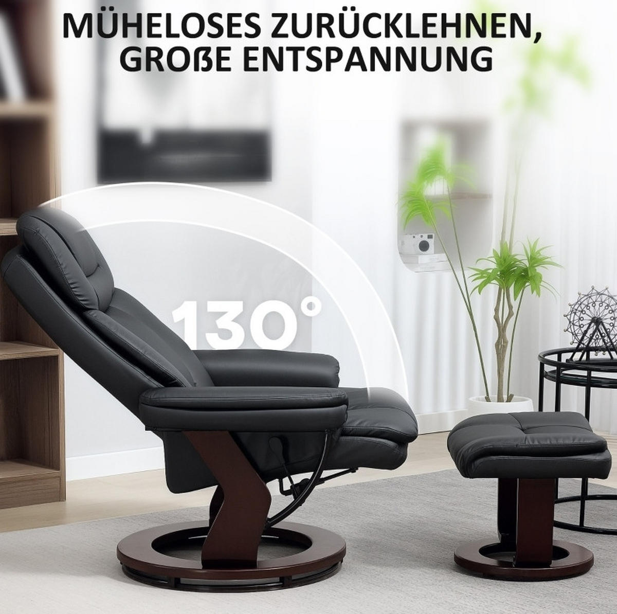 RELAXSESSEL 86/83/107 cm mit Hocker und 360°-Drehfunktion - Schwarz, Kunststoff (83/107/86cm) - BEAOK