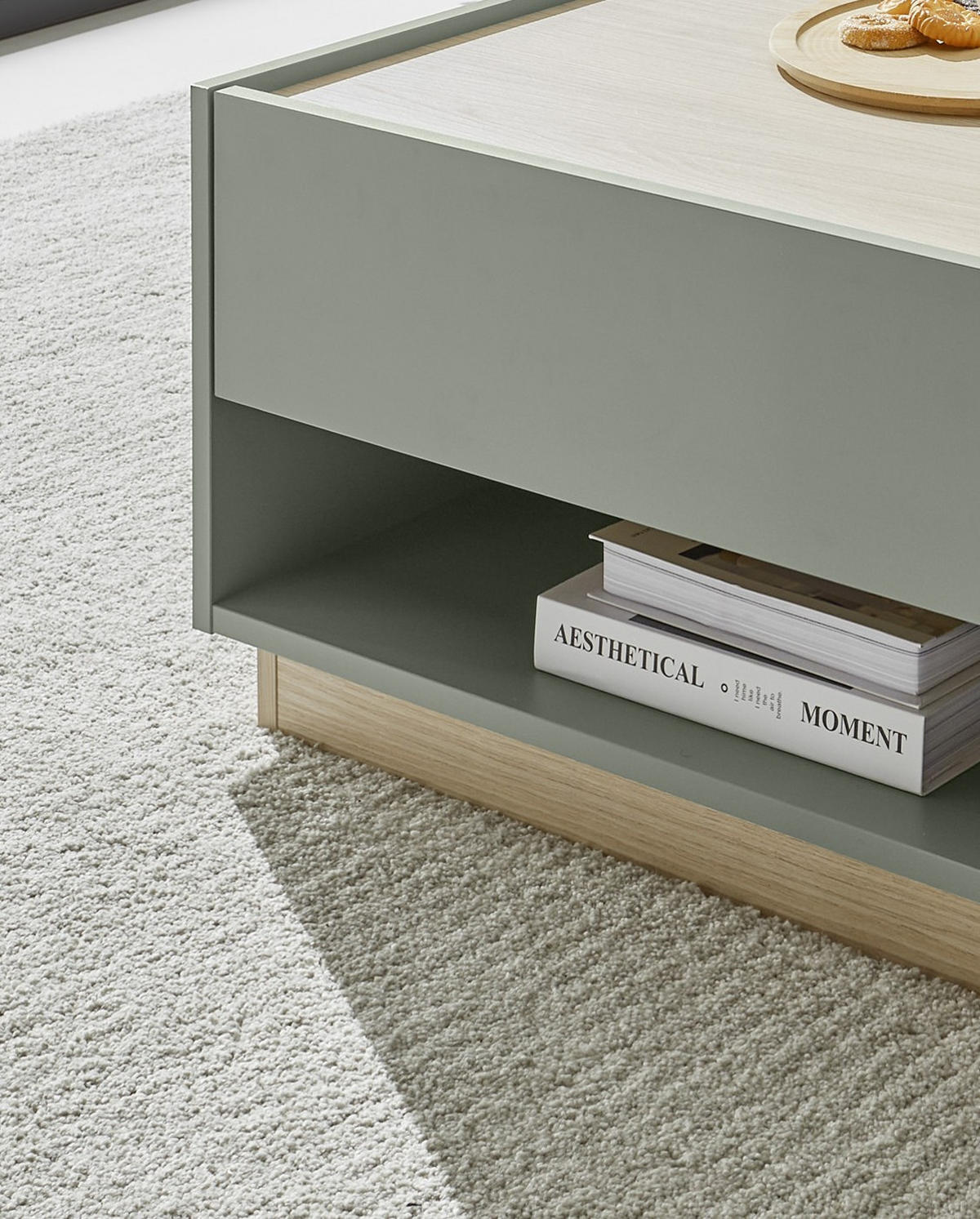 COUCHTISCH in Salbei Grün und Eiche, Wohnzimmertisch mit Schubkasten, 90 x 60 cm - Salbeigrün/Eichefarben, Holz/Holzwerkstoff (60/90/38cm) - Furn.Design