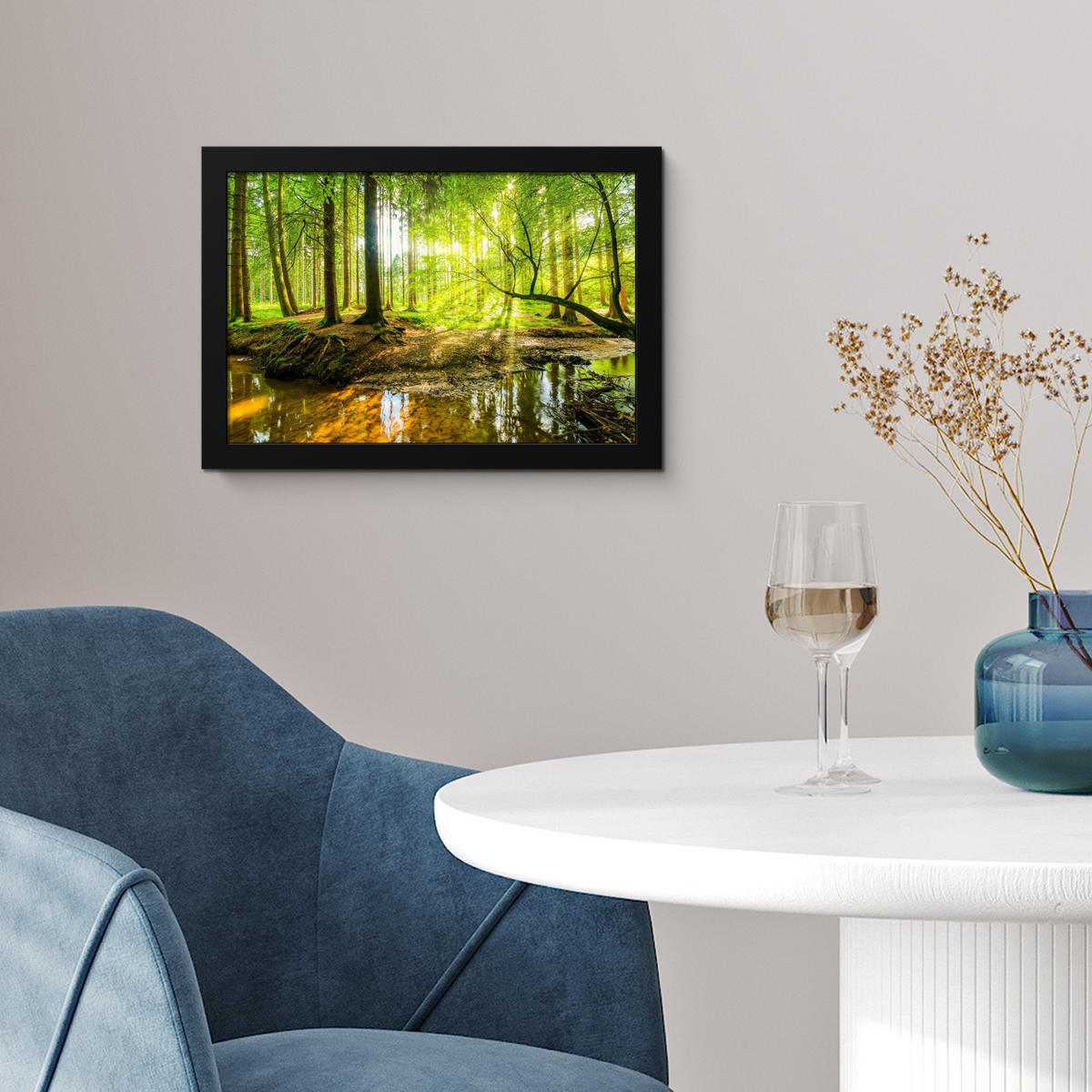 POSTER MIT RAHMENGERAHMTES BILD Wald - Landschaft - Wasser - Bäume - Sonne - Grün - Natur 30x20 cm - Grün, Papier (30/20cm) - MuchoWow