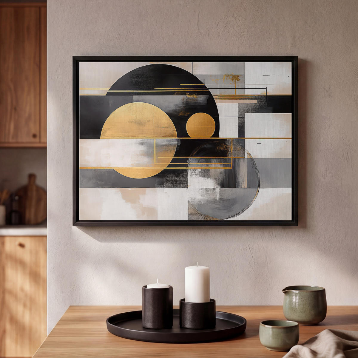LEINWAND Bilder mit Rahmen - Abstrakt - Gold - Silber - Formen - Ästhetisch - Modern - 40x30 - Goldfarben, Textil (40/30cm) - MuchoWow
