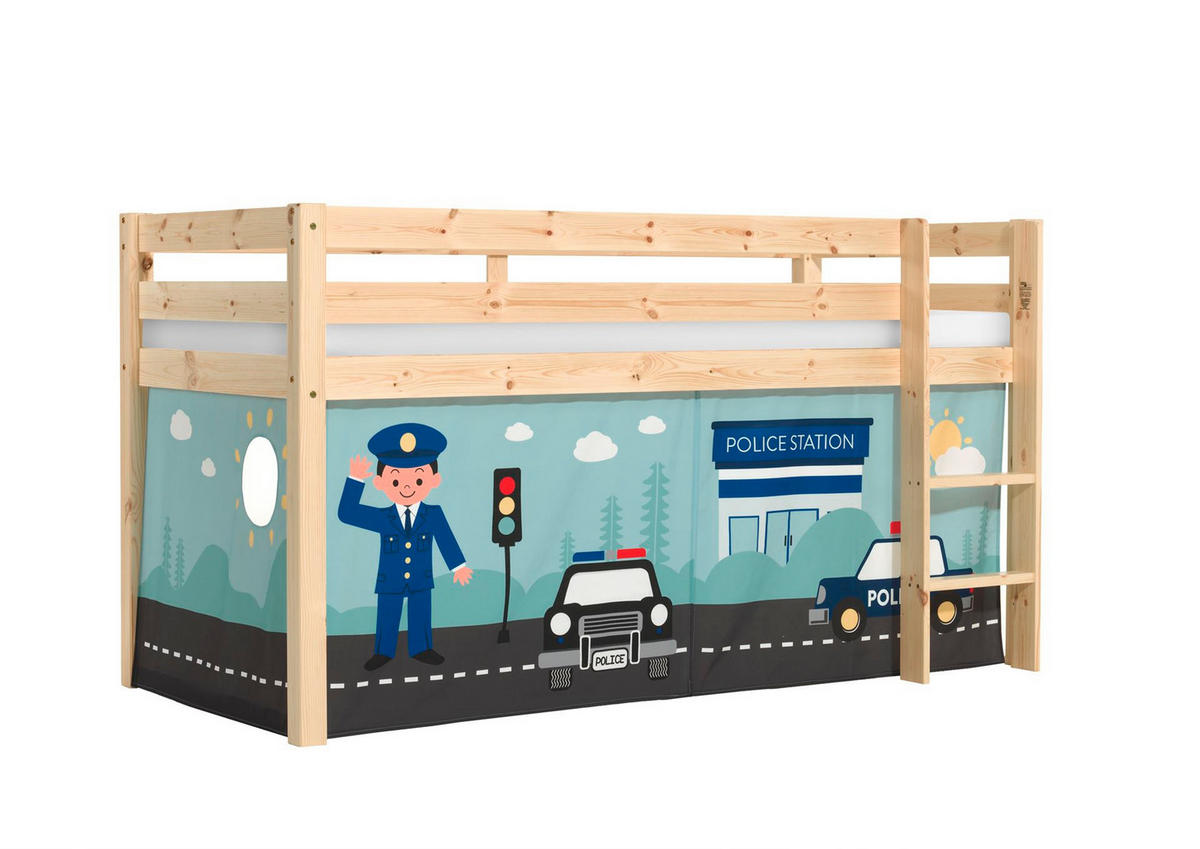 KINDERBETT Karolina 210x114x106 Massivholz Natur Textilset Polizei - Kieferfarben/Hellblau, Holz (90/200cm) - 58aufmkessel