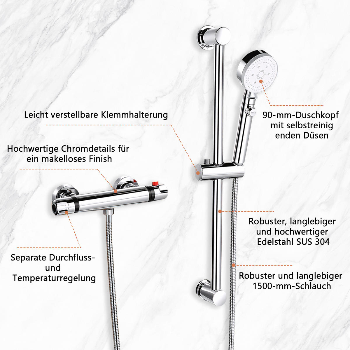 DUSCHSYSTEM Thermostat-Duscharmatur Chrom mit verstellbarer Handbrause - Silberfarben, Metall (30/11.8/72cm) - SHOPENTRA