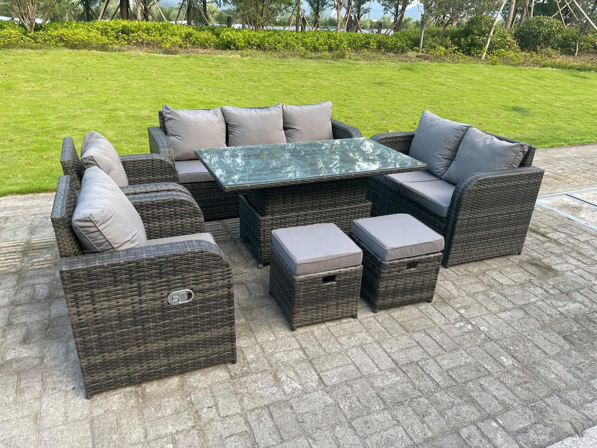 GARTENTISCHGRUPPE Polyrattan 9-Sitzer - Dunkelgrau/Grau, Glas/Kunststoff - Fimous