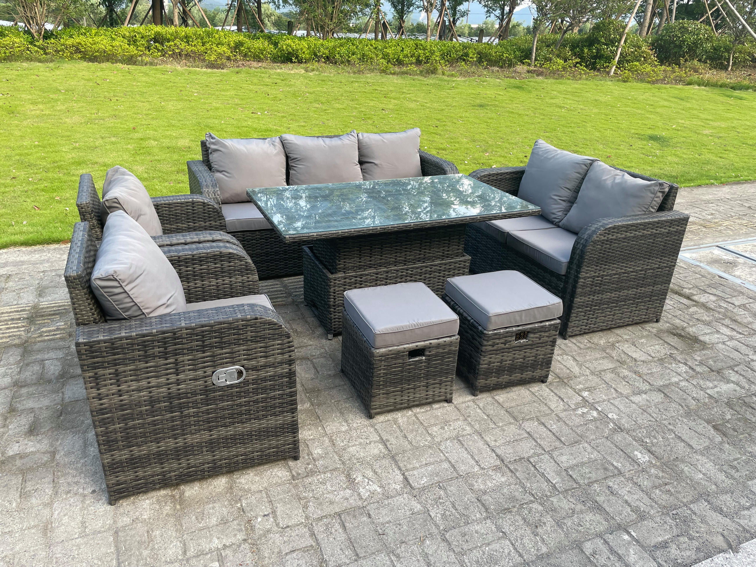 Thumbnail - Fimous Gartentischgruppe, Dunkelgrau, Metall, Kunststoff, Glas, Füllung: Schaumstoff, rechteckig, Loungemöbel, Loungemöb...