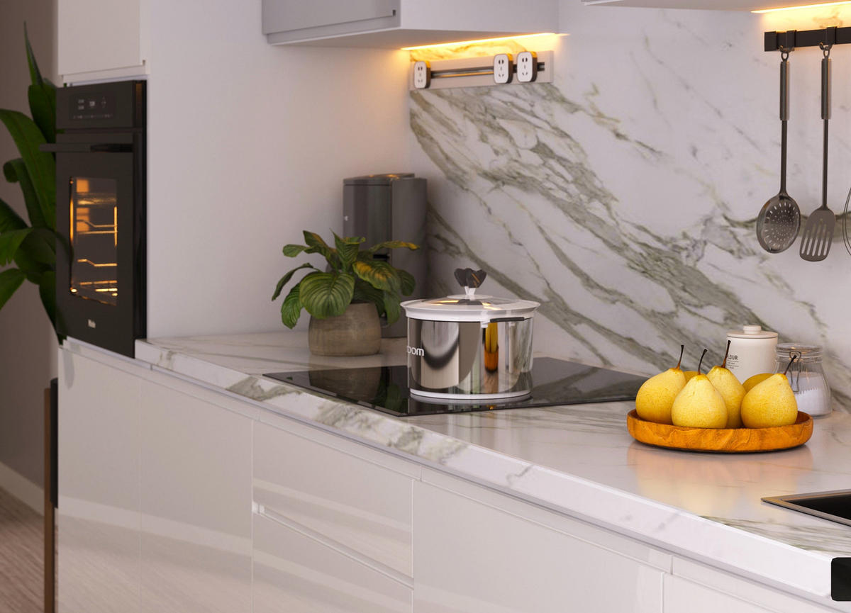 KÜCHENZEILE 300 cm Glanzia – KU-S02 – Weiß / Grau – Hochglanz - Weiß Hochglanz, Holzwerkstoff (300/212/58cm)