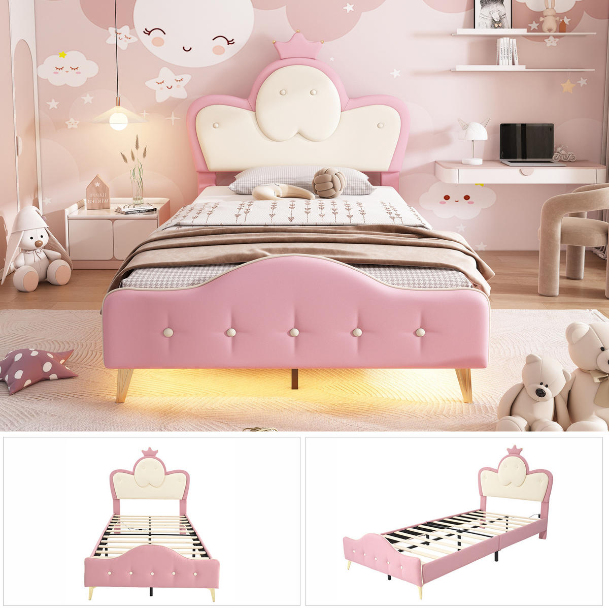POLSTERBETT 90/200 cm Rosa Weiß mit LED-Beleuchtung und Kopfteil mit Krone - Weiß, Kunststoff (90/200cm) - OKWISH