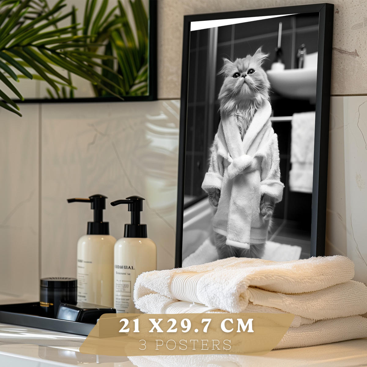 PLAKAT Sada 3 dekorativních nástěnných tisků pro koupelnové umyvadlo - Zvířata.Obrázky králíka, myši a kočky. Velikost Černý rám A3 - černá, papír (29.7/42/3cm) - Nacnic