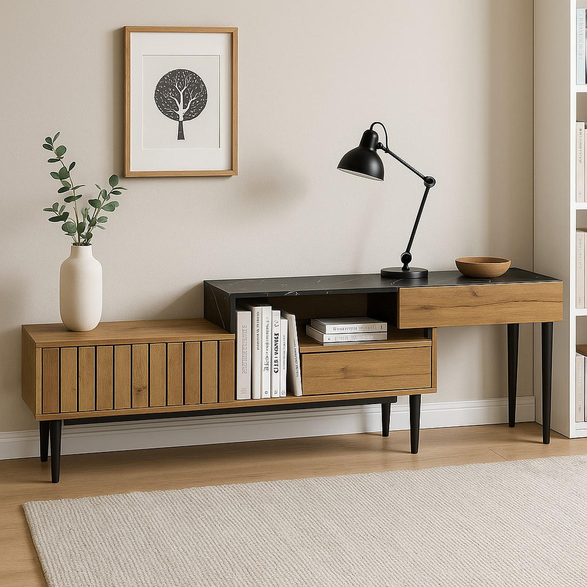 SIDEBOARD mit schwarzem Marmor-Effekt, 3 Schubladen - Braun, Holzwerkstoff (200/58/26.5cm) - Urban Meuble