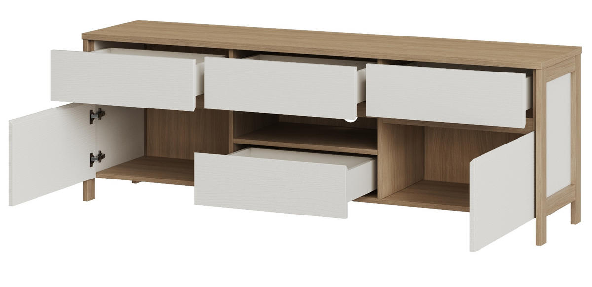 TV-LOWBOARD weiß, Eiche, TV Unterteil skandinavisch 164 cm, Soft-Close, Finnes - Eichefarben/Weiß, Holzwerkstoff/Metall (164/58/39cm) - Furn.Design