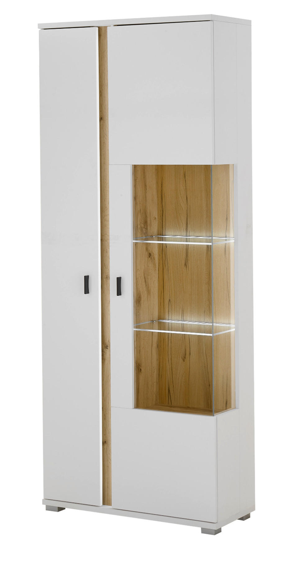 VITRINE weiß matt, Eiche Wotan 80 x 200 cm, Vitrinenschrank inklusive Frontbeleuchtung - Silberfarben/Eiche Wotan, Glas/Holzwerkstoff (80/200/35cm) - Furn.Design
