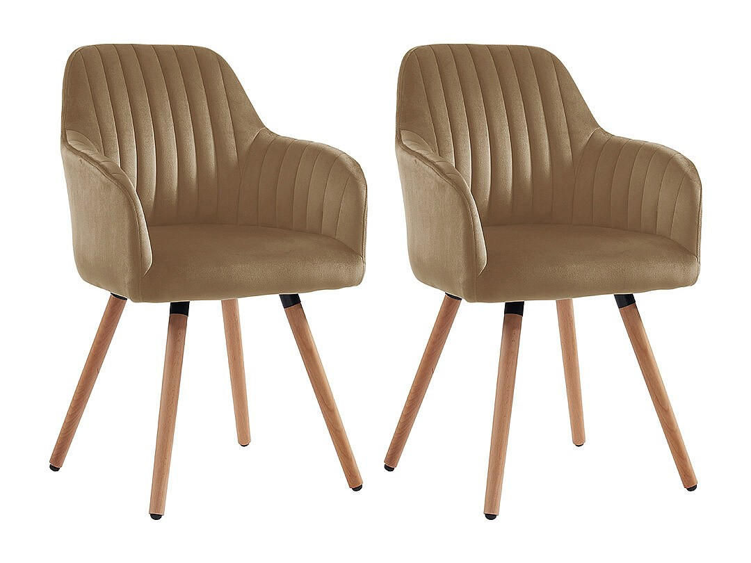STUHL mit Armlehnen 2er-Set - Samt & Metall in Holzoptik - Beige - ELEANA - Beige, Textil (58/85/56cm) - Vente-Unique