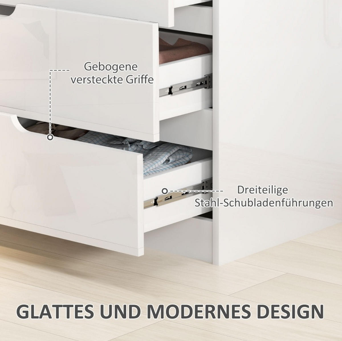 KOMMODE aus Holz 40x60x85 cm Weiß mit 4 Schubladen, Hochglanzoberfläche und Kippschutz - Weiß, Holzwerkstoff (60/85/40cm) - Modfu