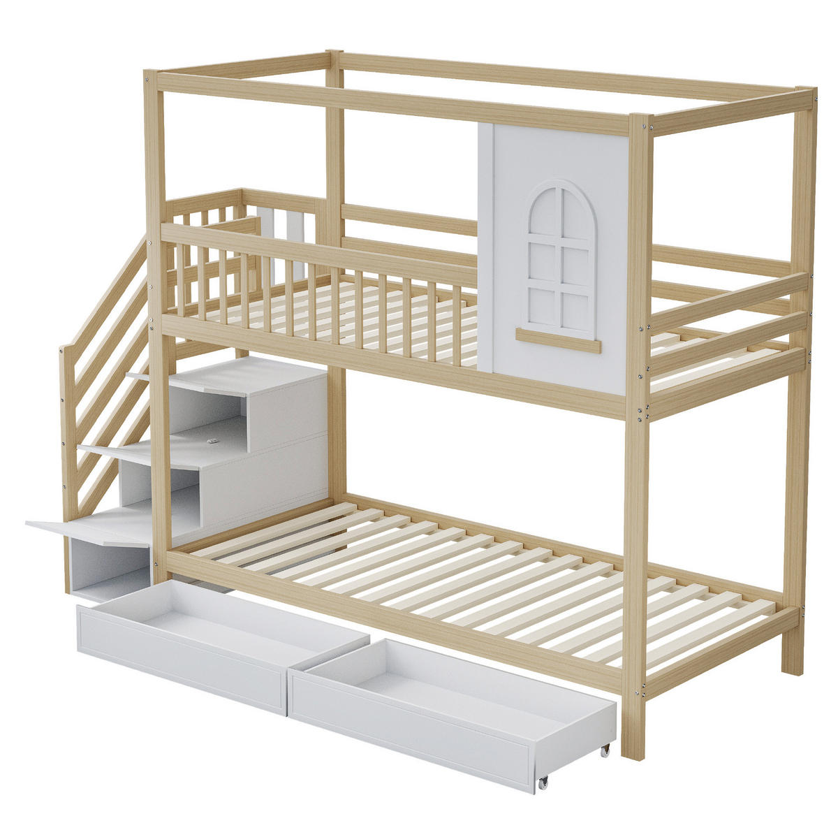 ETAGENBETT 90/200 cm in Naturfarbe mit Hausdesign und Stauraumschubladen - Naturfarben, Holz (90/200cm) - Flora Grace