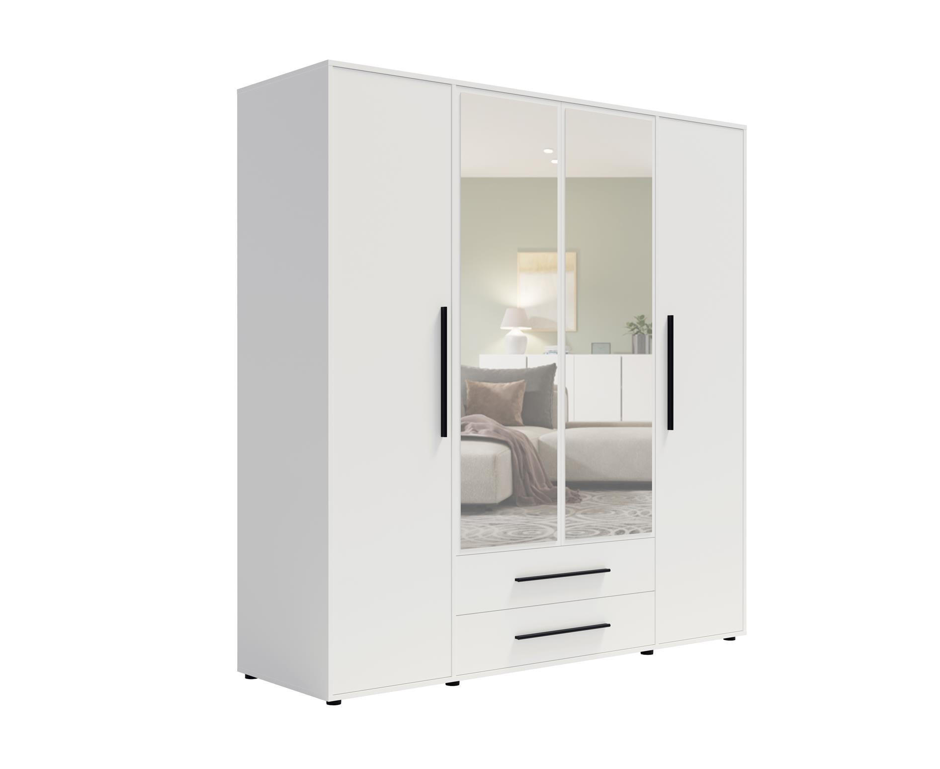 KLEIDERSCHRANK Maxivo Weiß, viertüriger Kippschrank mit Schubladen und Spiegel, Erweiterung - Schwarz/Weiß, Holzwerkstoff (198/248/59cm) - Bettso