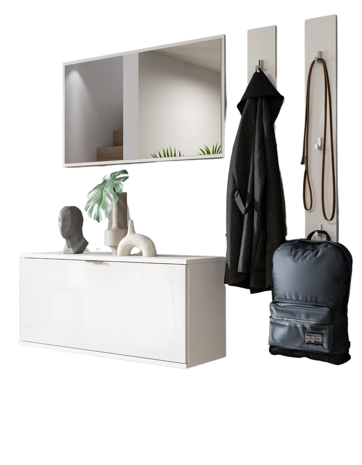 GARDEROBE Set 4-teilig weiß Hochglanz 14 cm, Garderobenkombination mit Spiegel hängend - Chromfarben/Weiß Hochglanz, Glas/Holzwerkstoff (147/193/34cm) - Inn.Furn