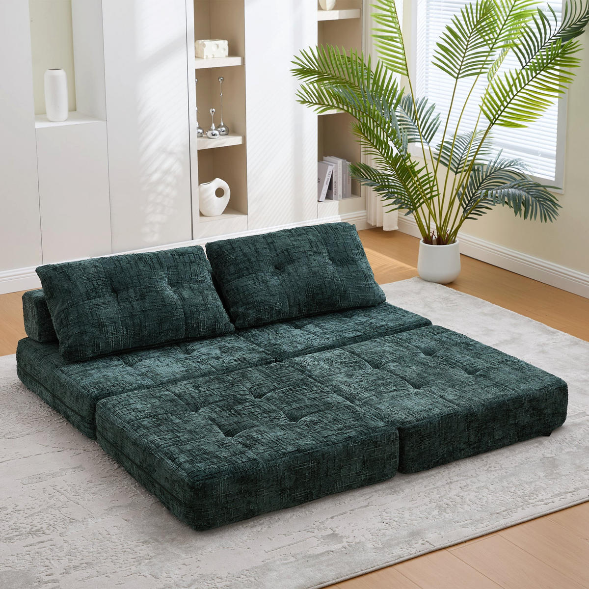 KLAPPBARER Chenille-Sessel mit Kissen, 79 x 79 x 57 cm, Grün - Dunkelgrün, Textil (79/57/79cm) - Urban Meuble