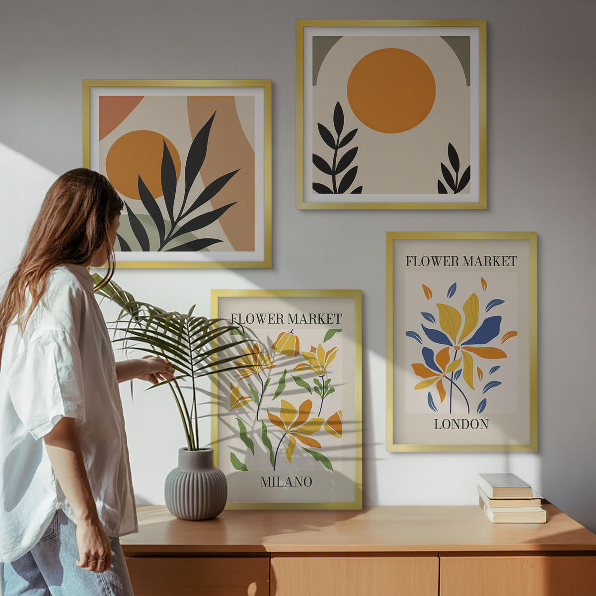 BILDER SET 4er Set - 50x50 cm & 40x60 cm Goldrahmen - Blumenposter Paris Mailand - Goldfarben, Kunststoff (50/50cm) - TULUP