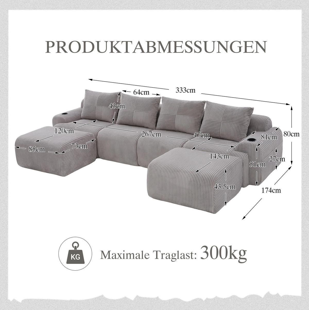 MODULÁRNA Sedacia zostava z menčestru, 333/174/80 cm svetlosivá, 4-miestna s 2 taburetkami - svetlosivá, textil (174/80/333cm) - BEAOK