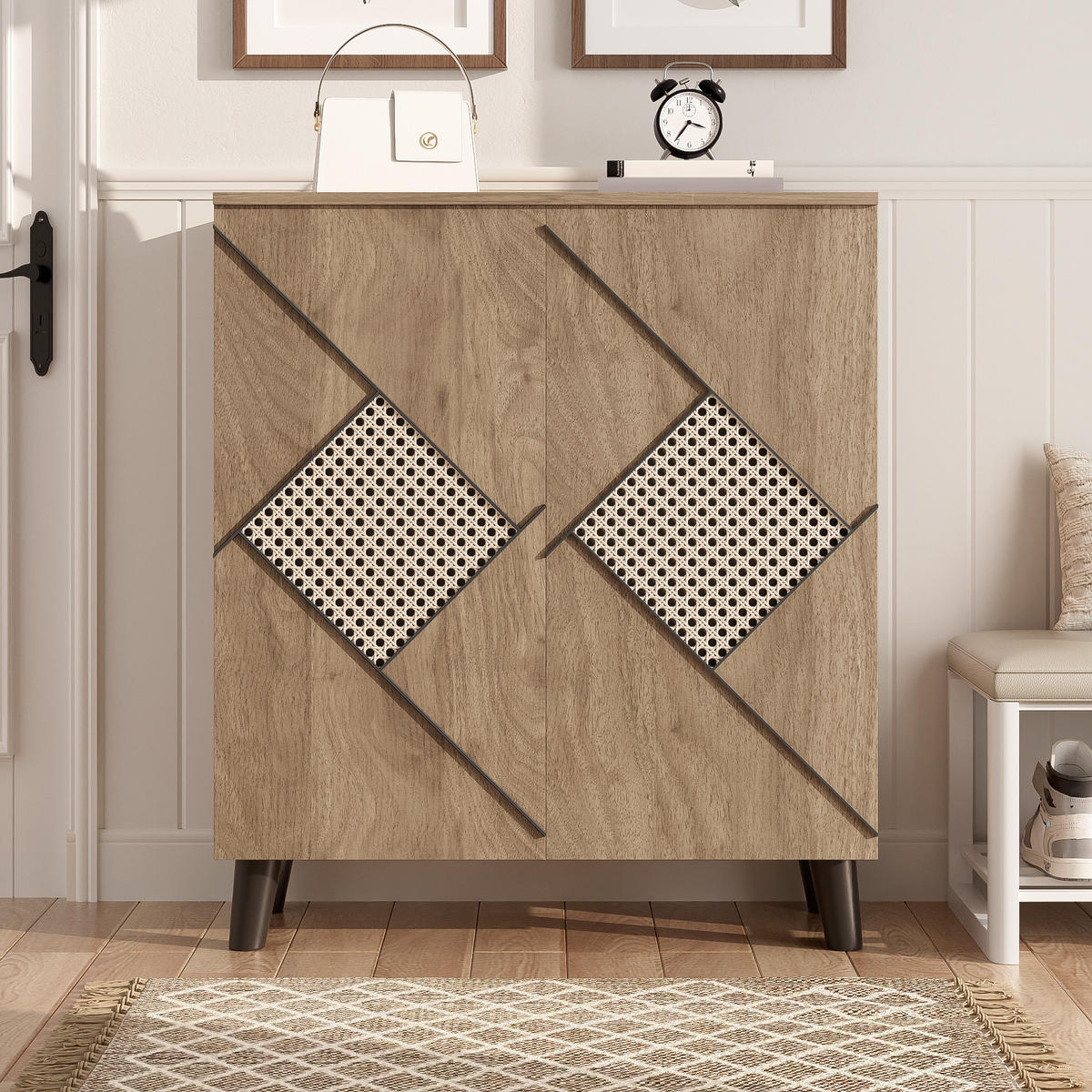SCHUHSCHRANK in Naturfarben Schuhkommode mit Rattanmuster, 2 Türen und Ablagefläche für Eingangsbereich, B80/T32/H91cm - Schwarz/Naturfarben, Holzwerkstoff/Metall (80/91/32cm) - STILVORA