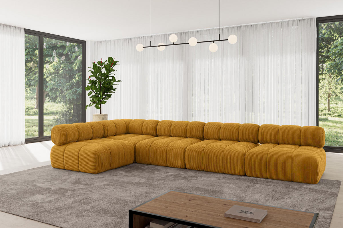 ECKSOFA modulares Sofa Samaro-L3 - 380x190x70 cm Senfgelb Cord - Currygelb, Holzwerkstoff/Textil (380/190cm) - ALTDECOR