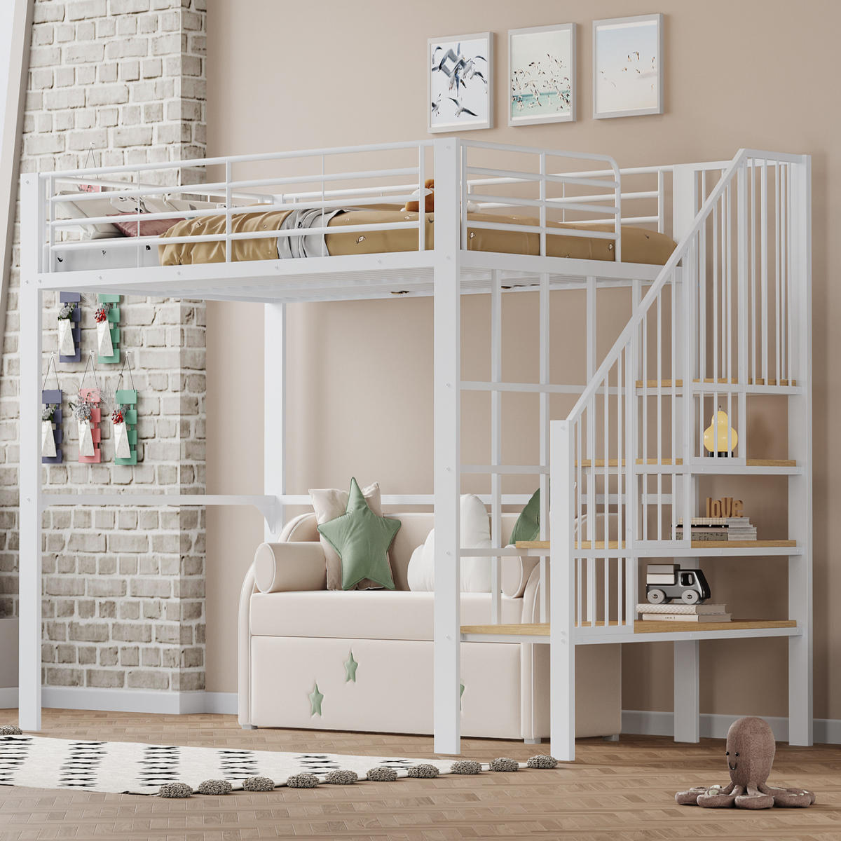 HOCHBETT 140/200 cm in Weiß aus Metall mit Treppe und Stauraum - Weiß, Metall (140/200cm) - Flora Grace