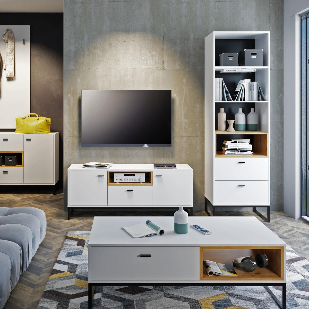 VITRINE OMAN mit 1 Tür, Weiß+eiche Artisan - Schwarz/Weiß, Holzwerkstoff/Metall (90/130/40cm) - Beautysofa