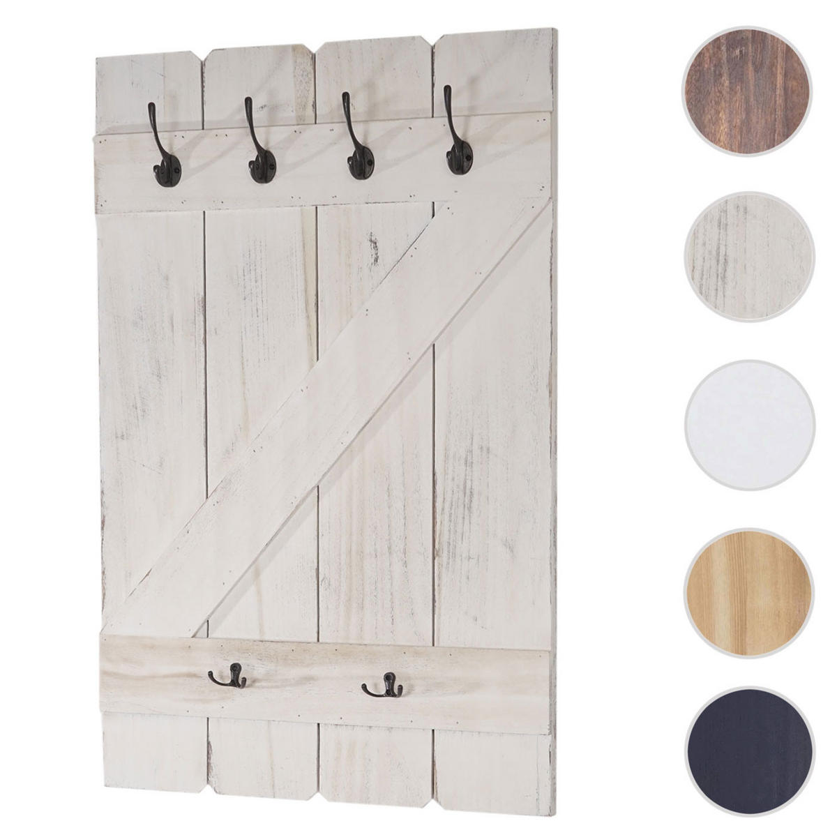 WANDGARDEROBE 91x60x10cm 6 Haken Weiß shabby - Weiß, Holz (60/91/10cm) - BERLINLODGE