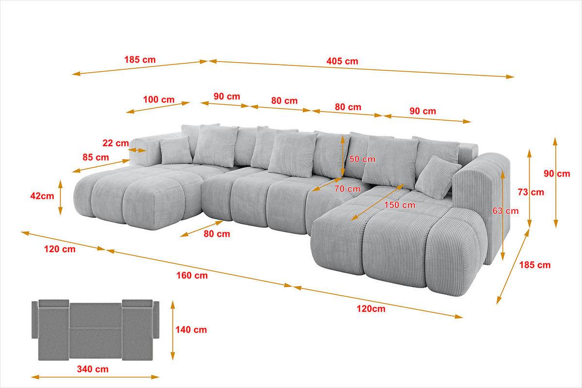 WOHNLANDSCHAFT CLOUD-U-v1 405x185x90 Grau Cord - Grau, Holzwerkstoff/Kunststoff (405/90/185cm) - ALTDECOR