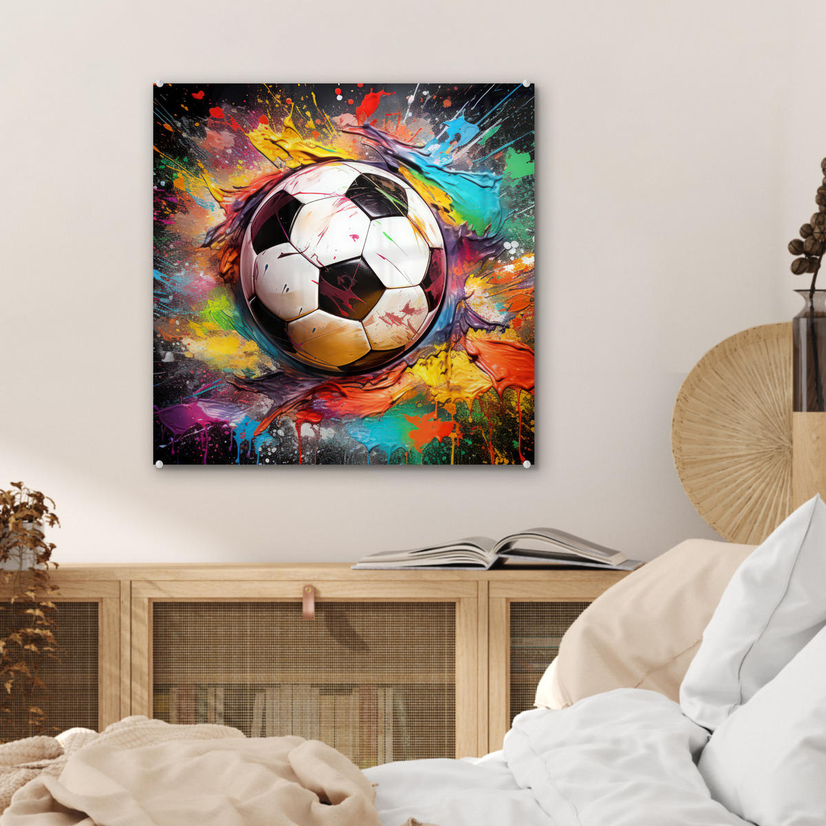 ACRYLGLASBILD Fußball - Farbe - Farben - Schwarz - Weiß 50x50 cm - Weiß, Glas (50/50cm) - MuchoWow