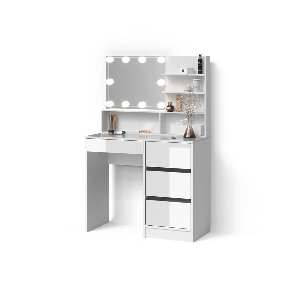 SCHMINKTISCH Imola Weiß 140 cm mit LED Beleuchtung, und Spiegelregal - Weiß, Holzwerkstoff (140/75/40cm) - Livinity®