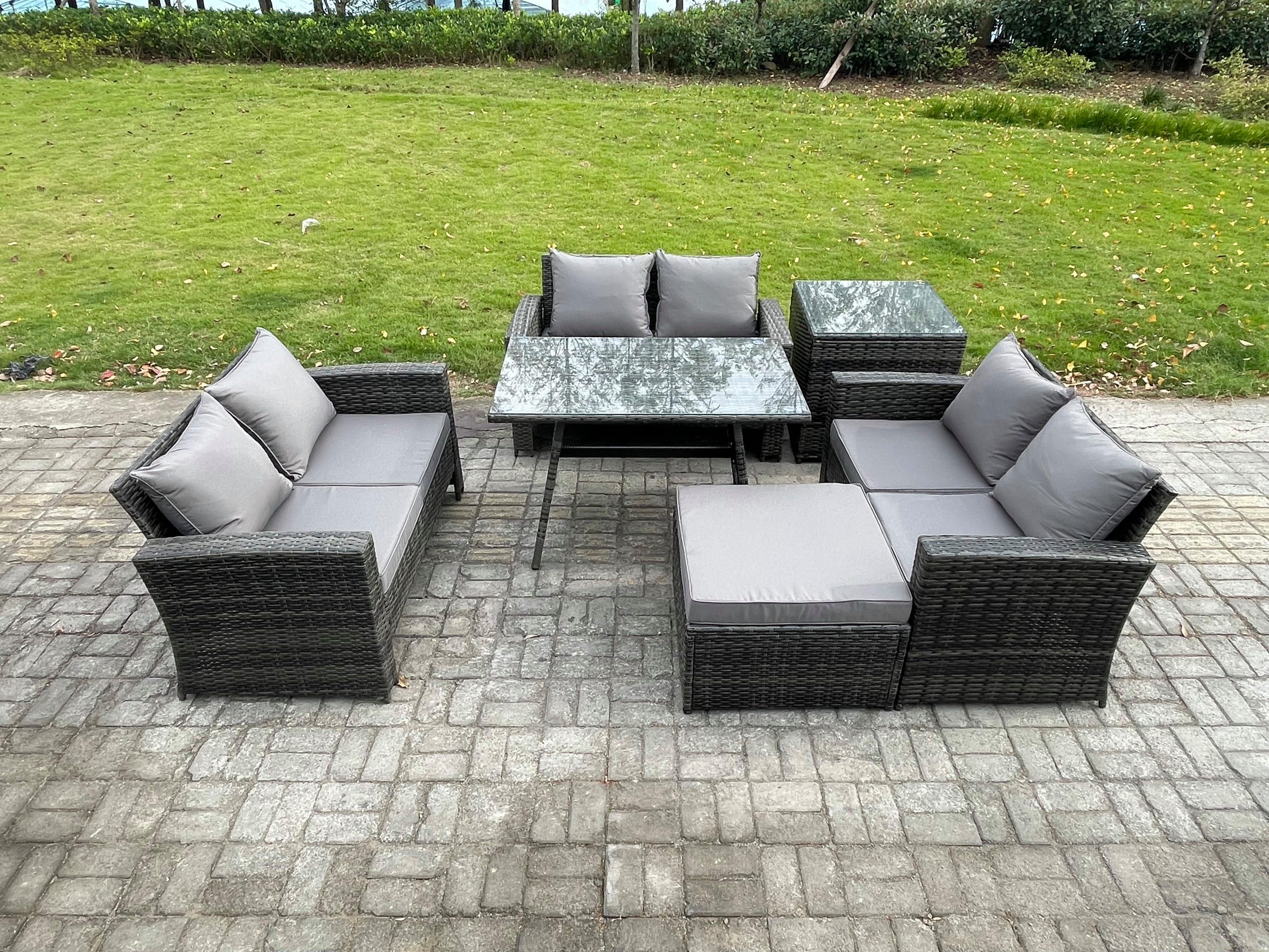 GARTENMÖBELSET mit ESSTISCH,HOCHLEHNER-SOFA Polyrattan Dunkelgrauer Mix 7-Sitzer - Dunkelgrau/Grau, Glas/Kunststoff - Fimous